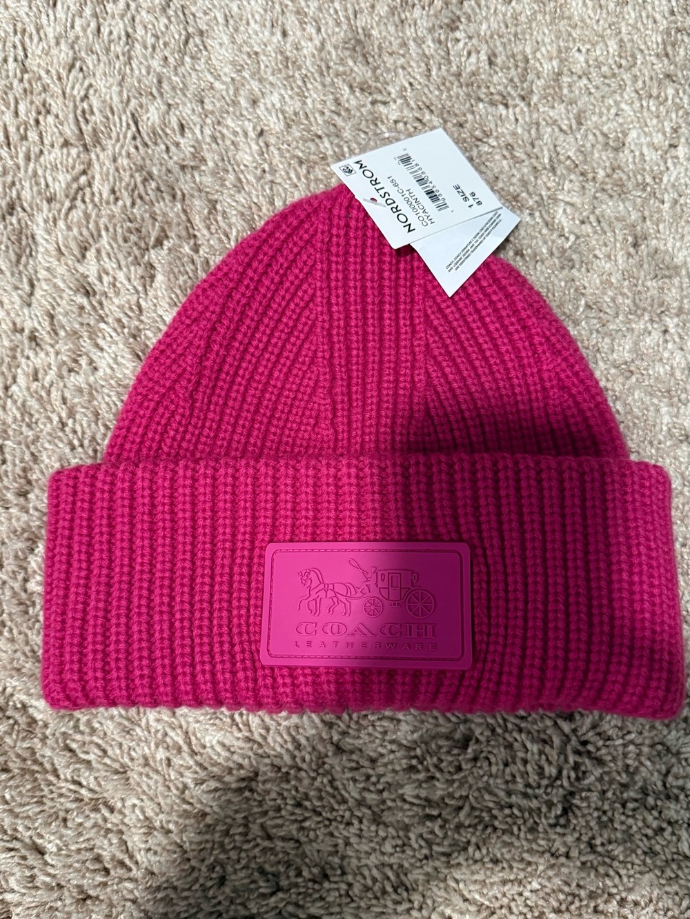 Coach Bright Pink Ribbed Cuff Beanie